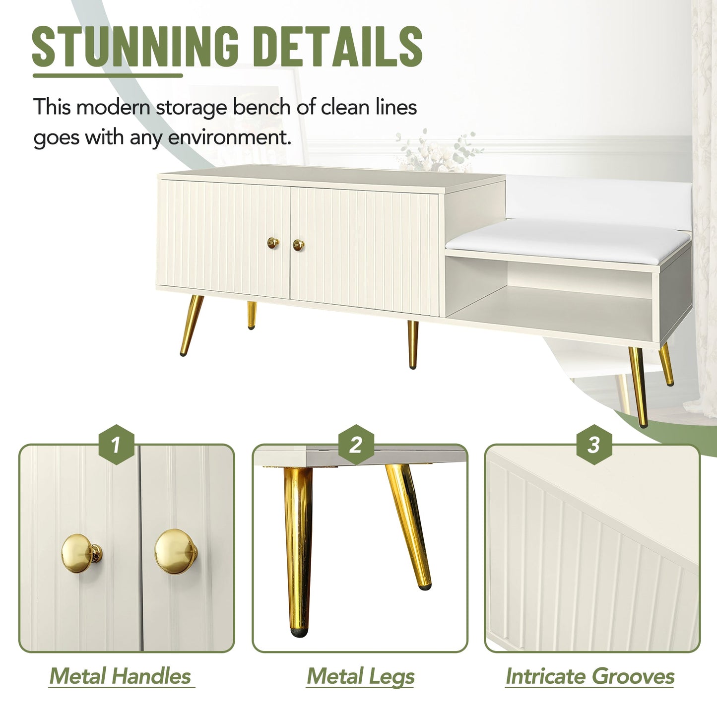 Modern Shoe Storage Bench with Hidden Storage and Upholstered Cushions for Bedside, Living Room and Entryway ((Antique White) - Korvel