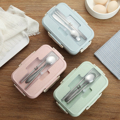 Lunch Box Food Container Bento Box Heated Lunchbox Kids Lunchbox Snack Straw Wheat Korean Sealed Student Plastic Box for Food - Korvel