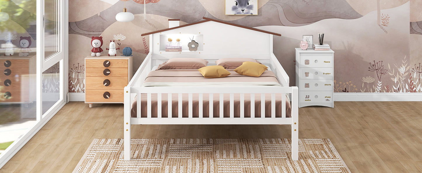 Full Size Wood Platform Bed with House-shaped Headboard, LED and Built-in Storage, White - Korvel