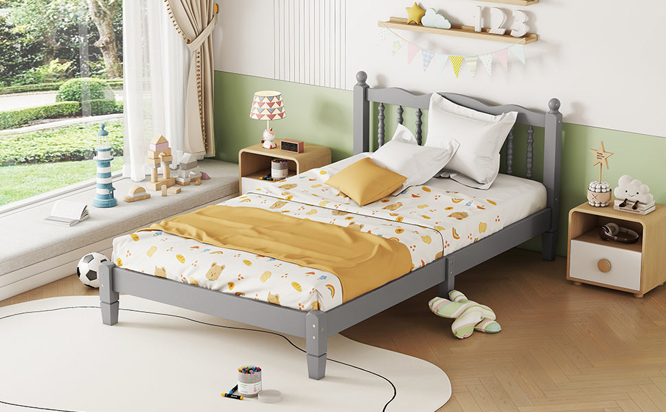 Twin Bed with Column-Decoration Headboard, with Bed Slats,Grey - Korvel