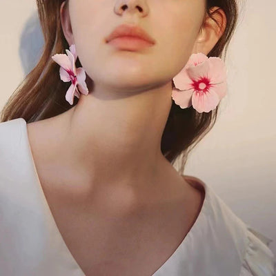 Metal Pink Drops Glaze Enamel Flower Earrings for Women Girl European and American Personality Exaggerated Romantic Jewelry Gift - Korvel