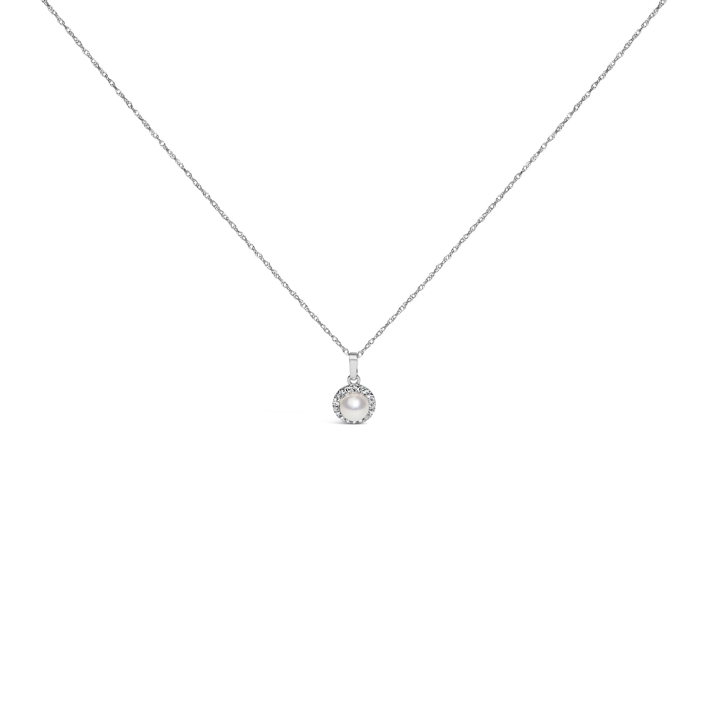 10K White Gold Cultured Pearl & Diamond Halo Pendant Necklace
