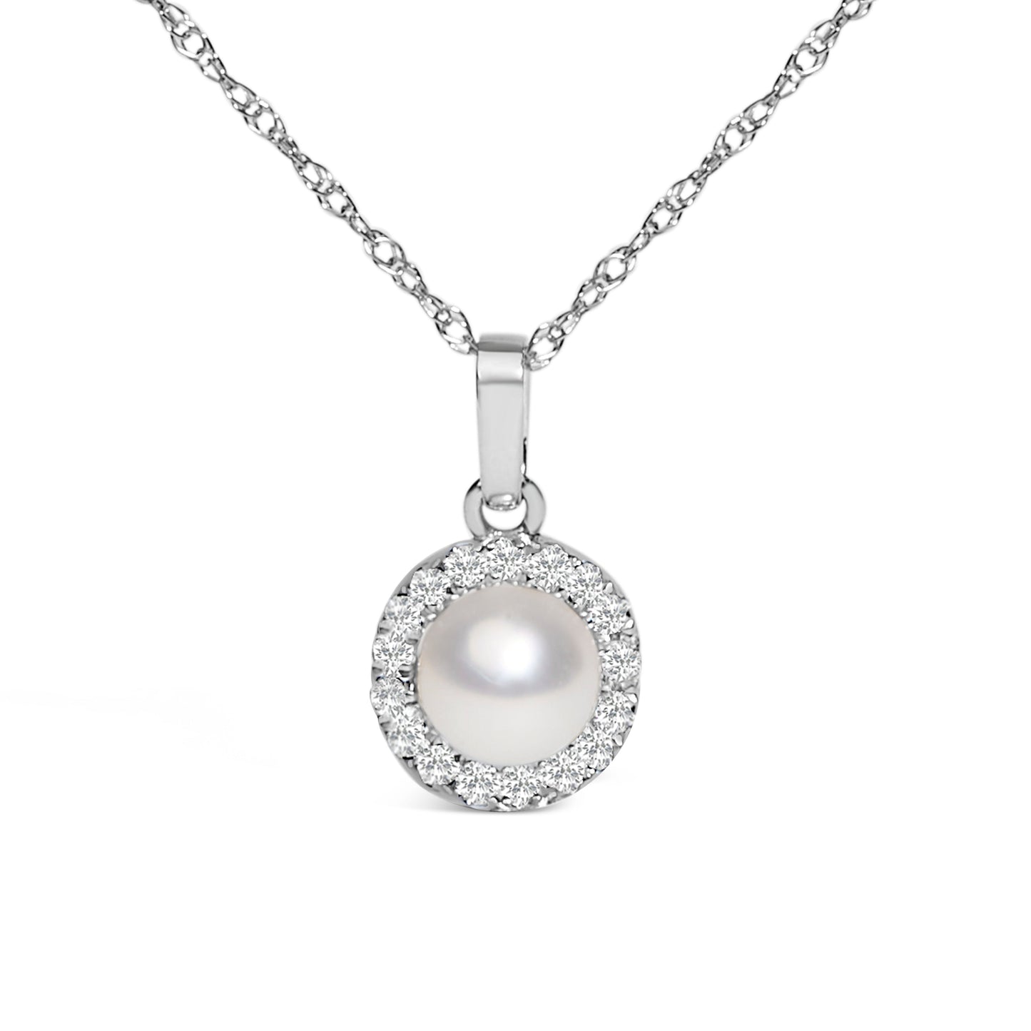 10K White Gold Cultured Pearl & Diamond Halo Pendant Necklace