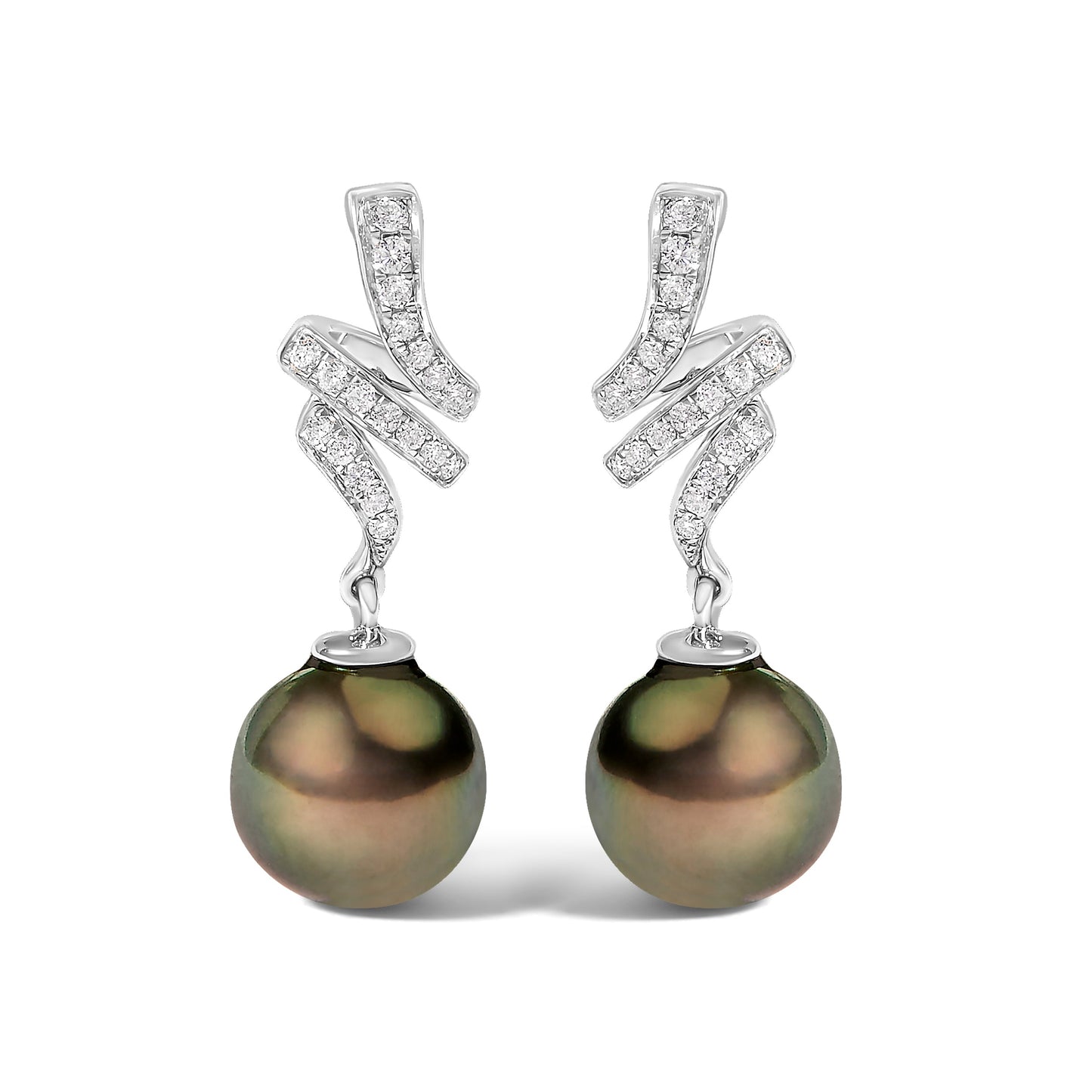 Pendientes de gota de perla negra cultivada y diamante en oro blanco de 14 quilates