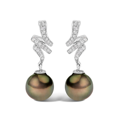 14K White Gold Cultured Black Pearl & Diamond Drop Earrings