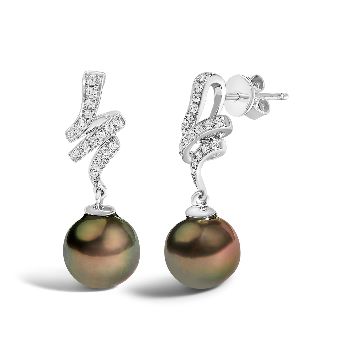 Pendientes de gota de perla negra cultivada y diamante en oro blanco de 14 quilates