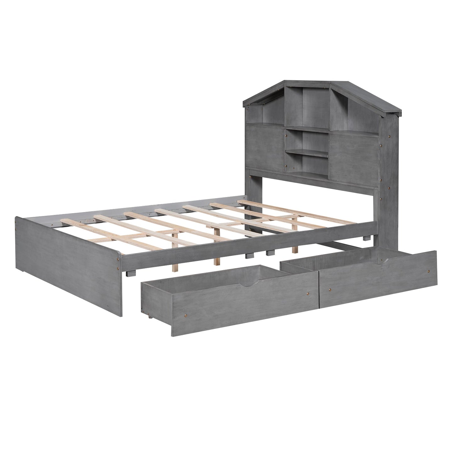 Full Size Wood Platform Bed with Storage Headboard - Gray