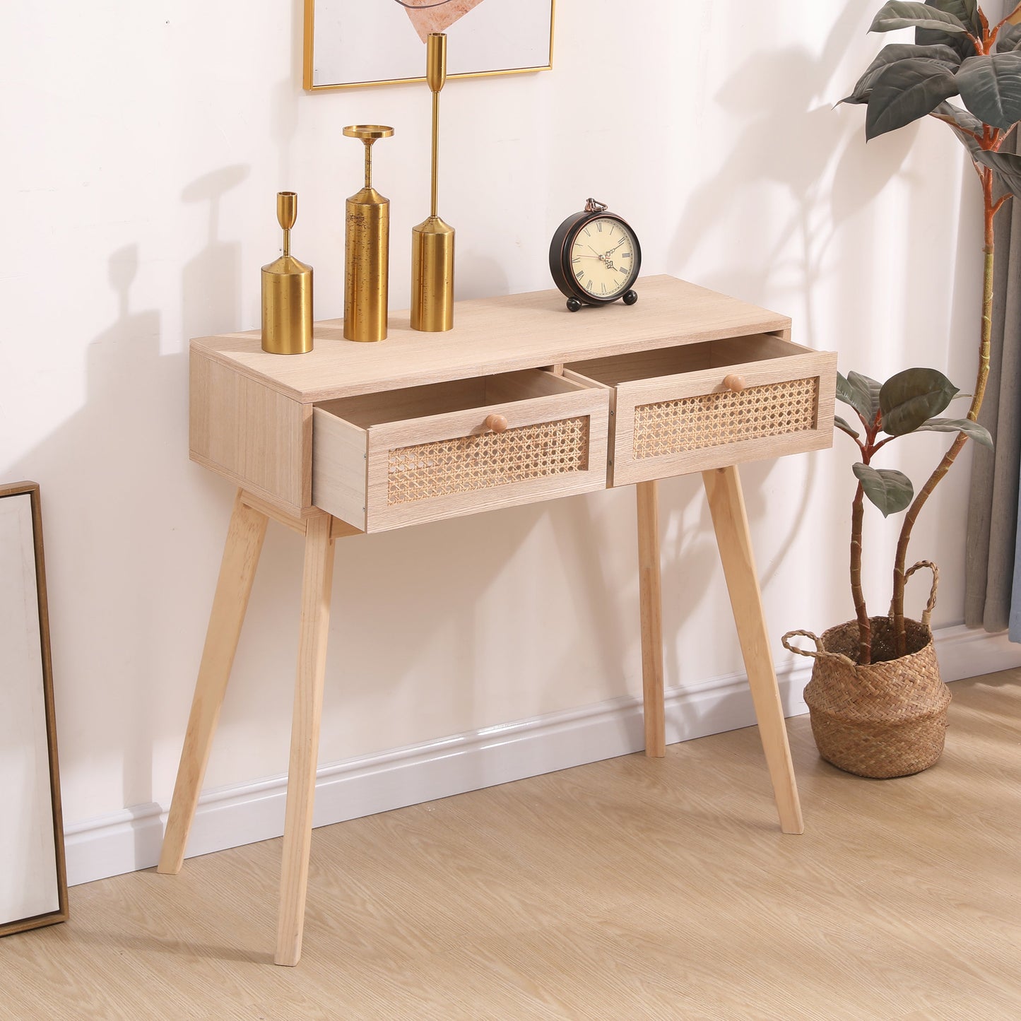 Side table with two real rattan drawers, solid wood table legs can be used in the dining room living room,bedroom - Korvel