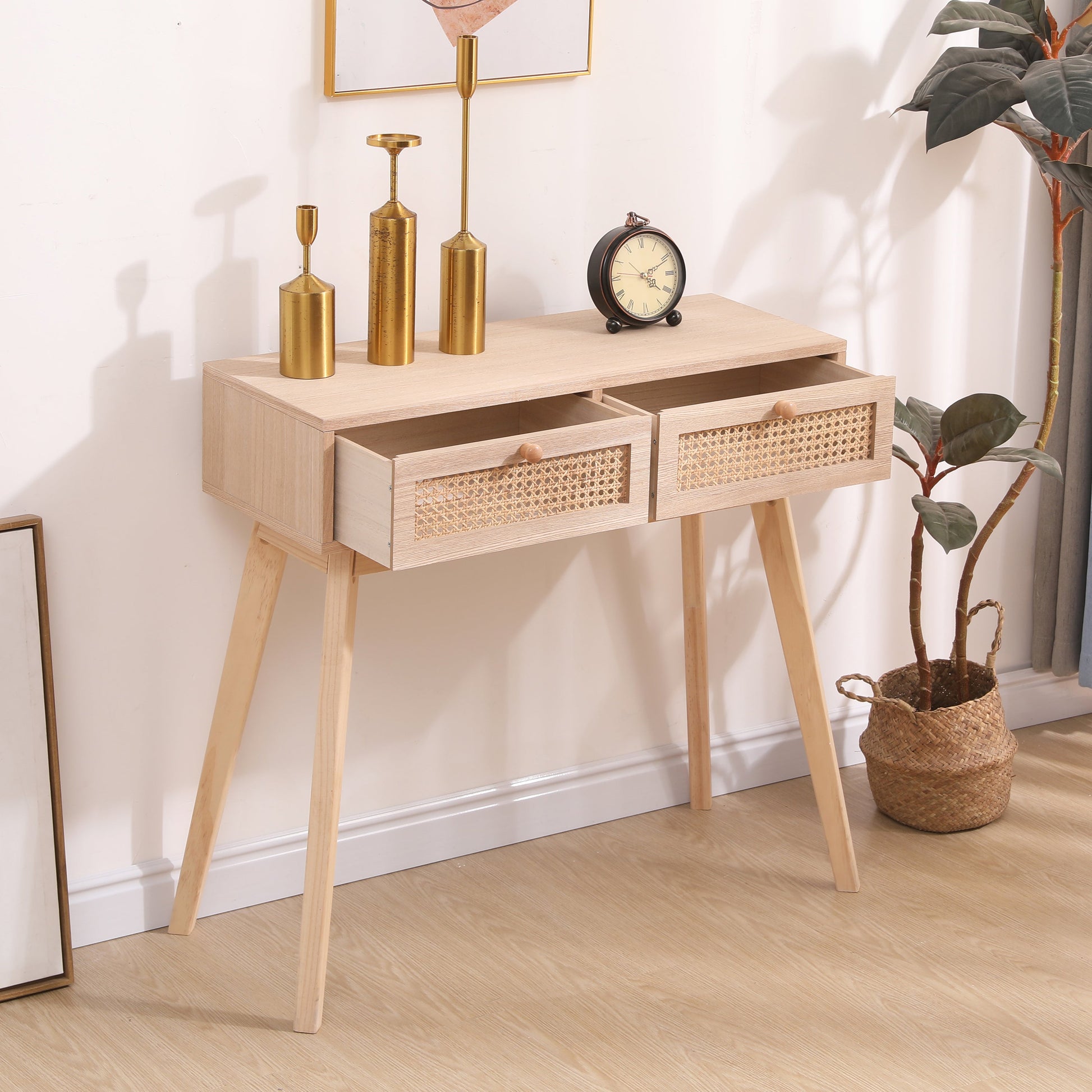 Side table with two real rattan drawers, solid wood table legs can be used in the dining room living room,bedroom - Korvel
