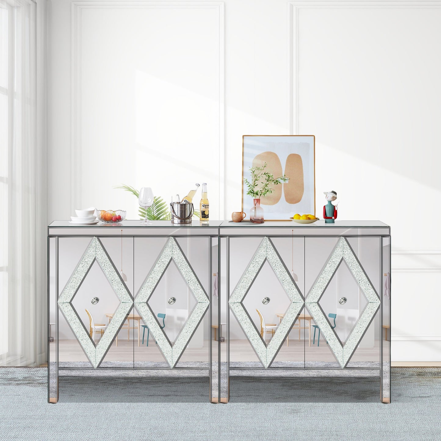 Storage Cabinet With Mirror Trim And Diamond Shape Design Spliced Combination For Living Room, Dining Room, Entryway, Kitchen - Korvel