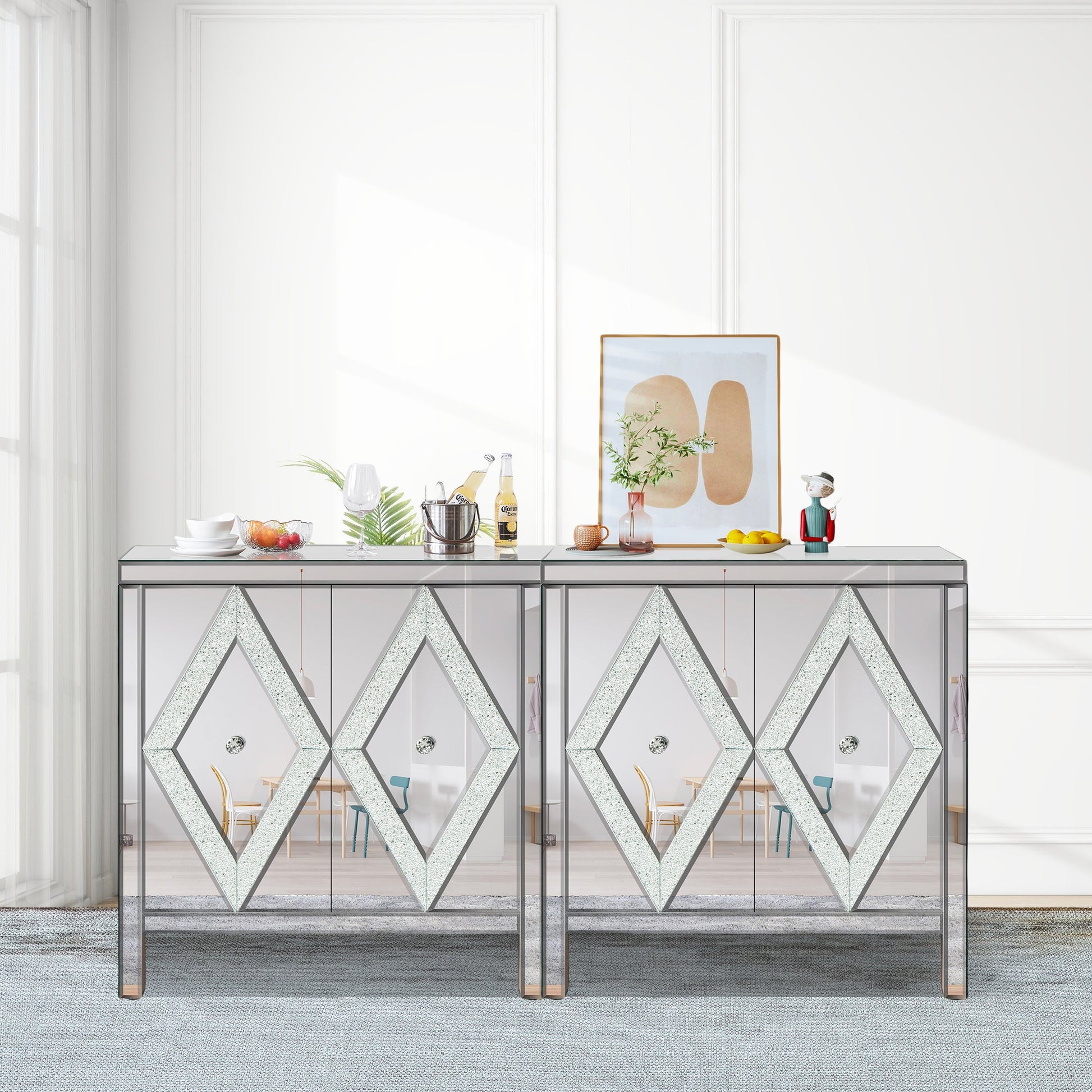 Storage Cabinet With Mirror Trim And Diamond Shape Design Spliced Combination For Living Room, Dining Room, Entryway, Kitchen - Korvel