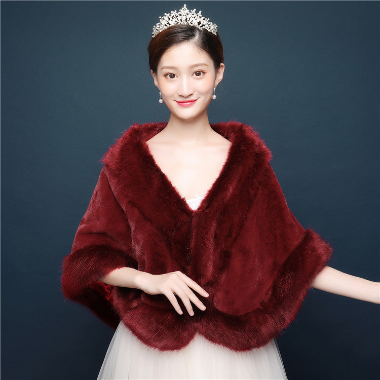 Bride's wedding dress fur shawl women's warm white cloak cheongsam jacket red cloak - Korvel