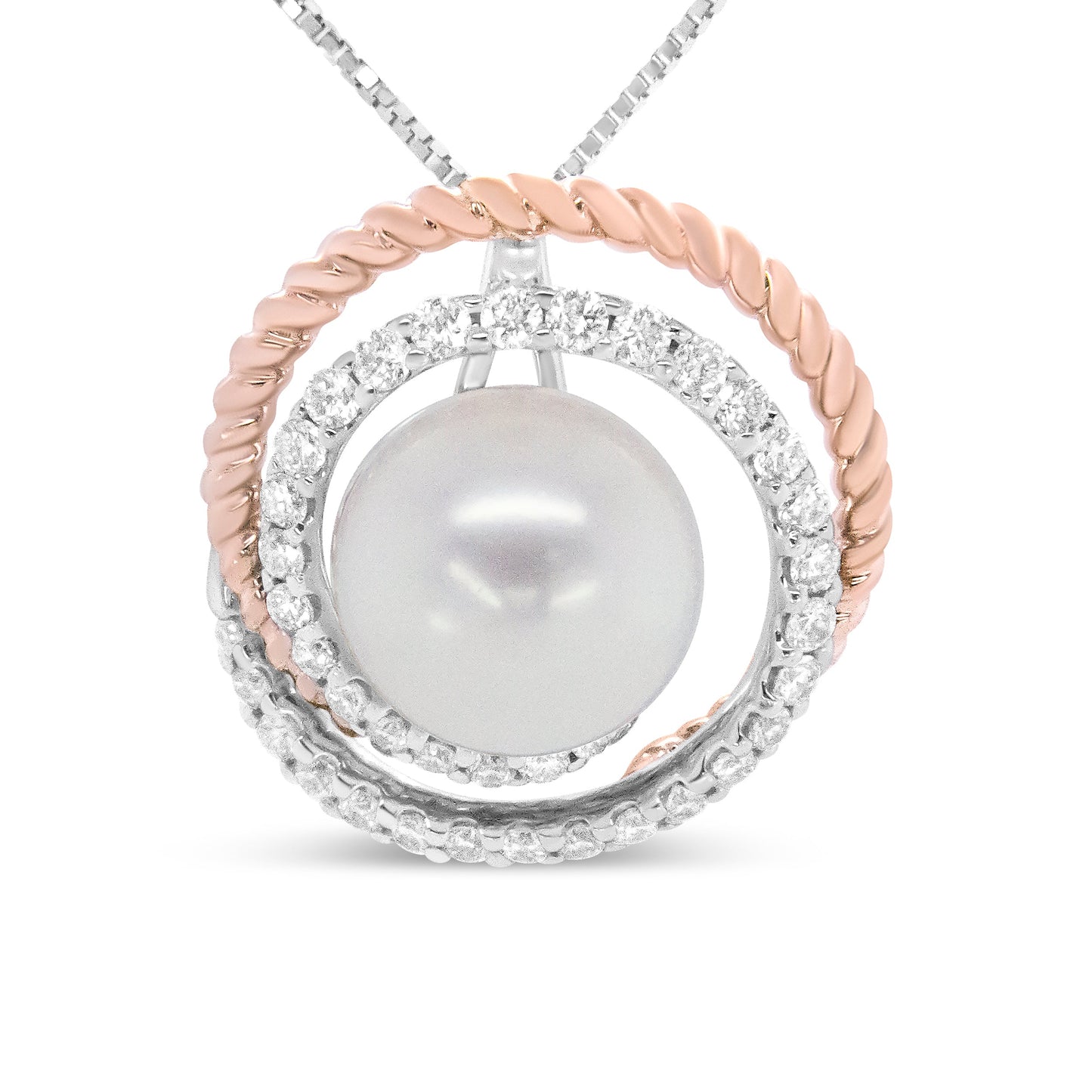 14K Rose and White Gold Pave Diamond & Pearl Pendant Necklace