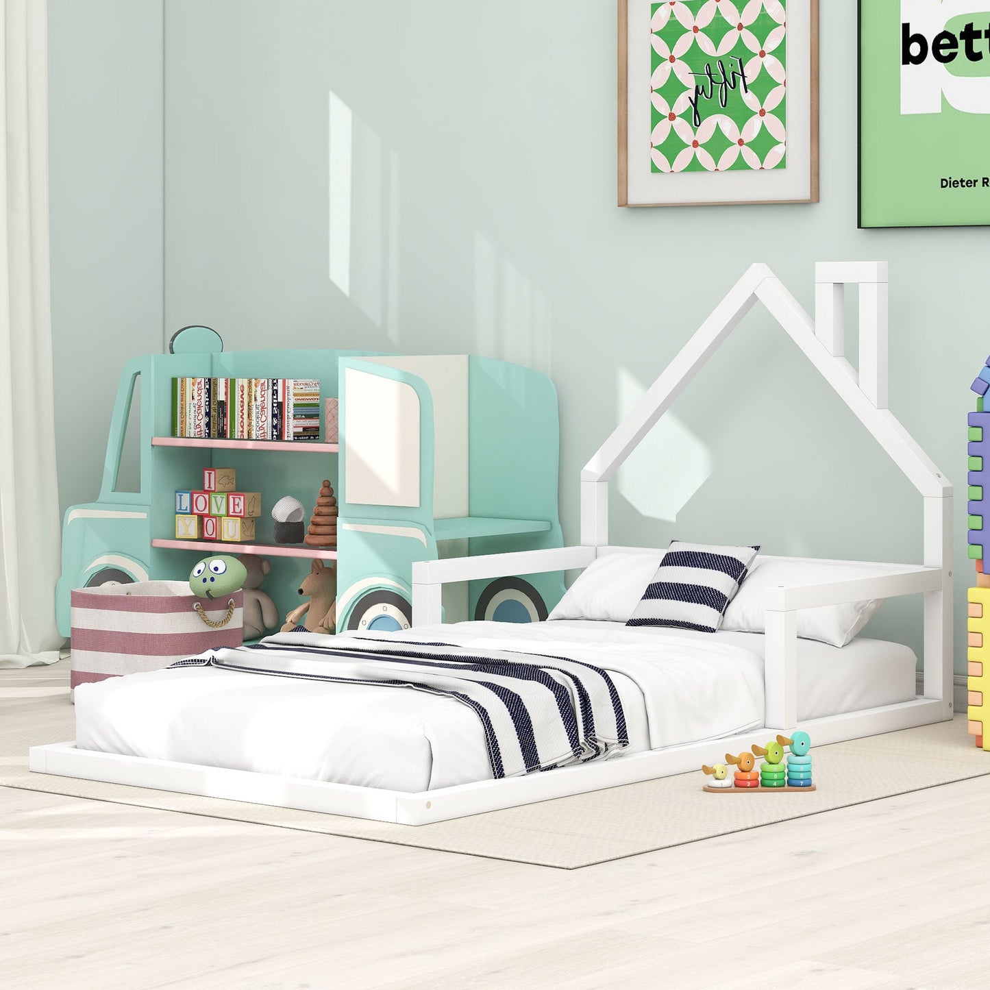 Cama de Madera de Tamaño Twin con Cabecera en Forma de Casa - Blanca