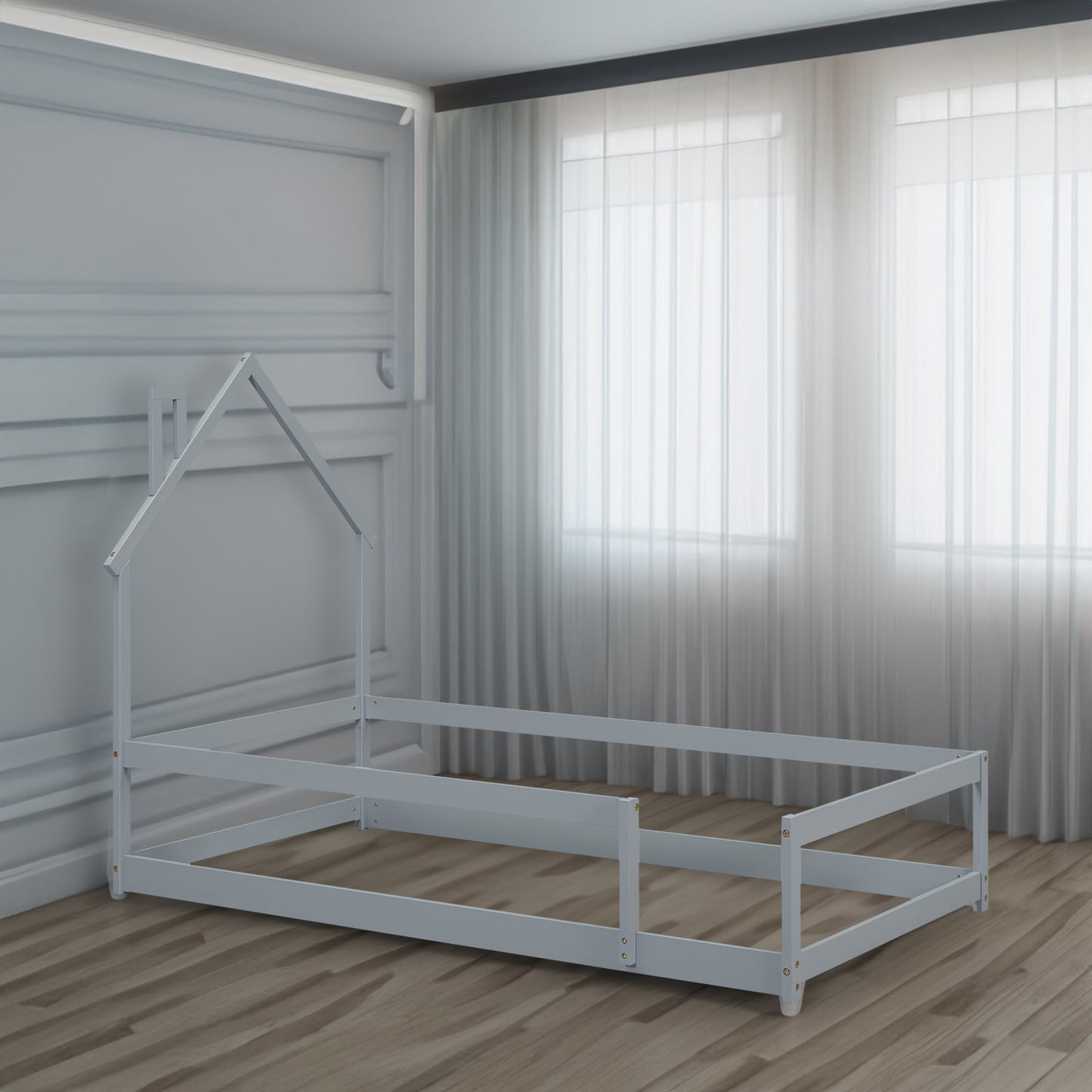 Lit simple taille jumeau en bois gris avec tête de lit en forme de maison