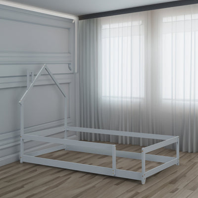 Twin Size Grey Wood Bed with House-Shaped Headboard