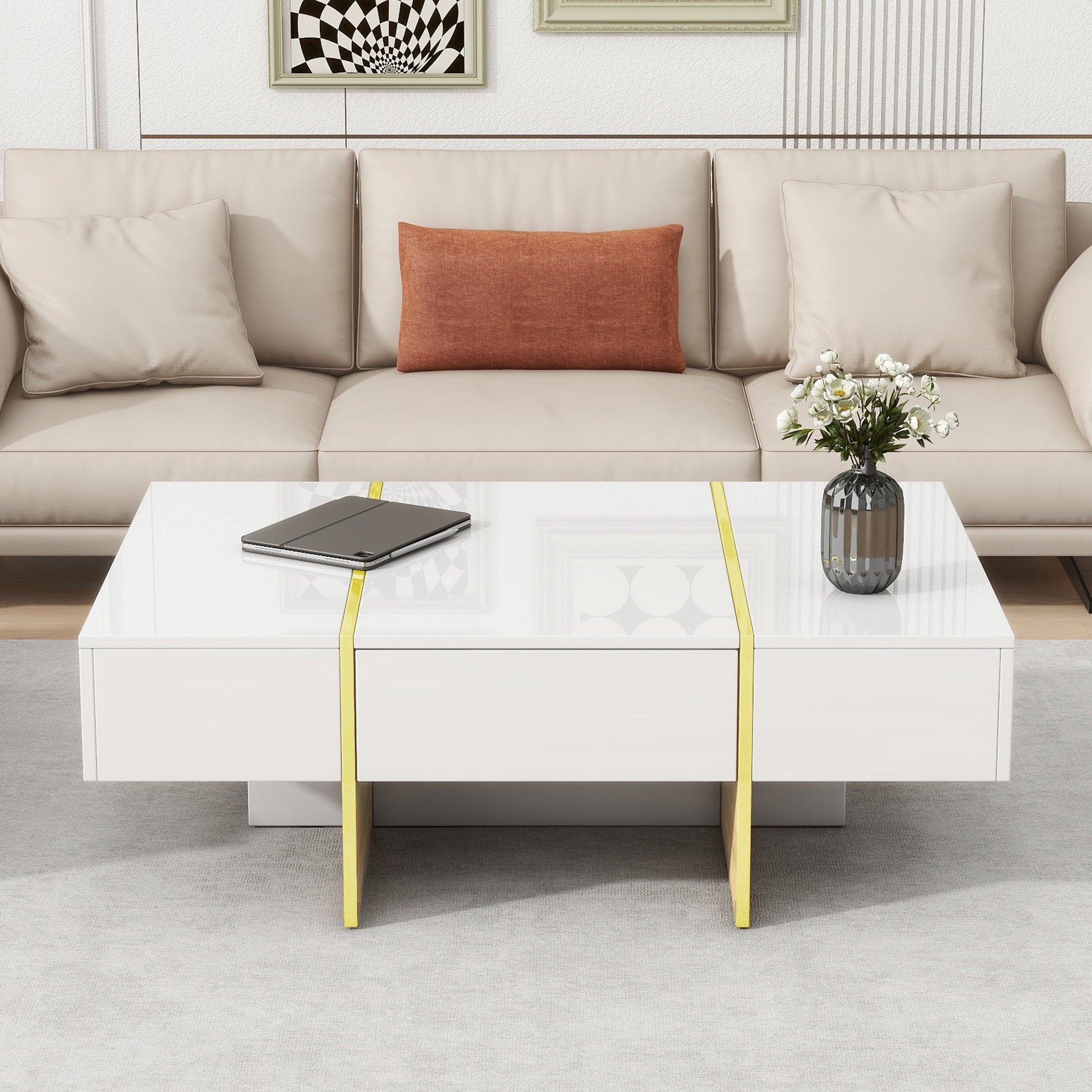ON-TRANS 47.2 inch x 31.4 inch multifunctional rectangular sofa table with 2 drawers and gold wood grain leg center table, white - Korvel