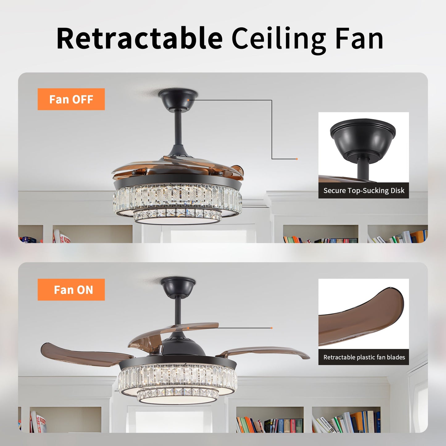 Modern LED retractable ceiling fan with lighting and remote control, silent reversible motor, 4-blade modern ceiling fan - Korvel