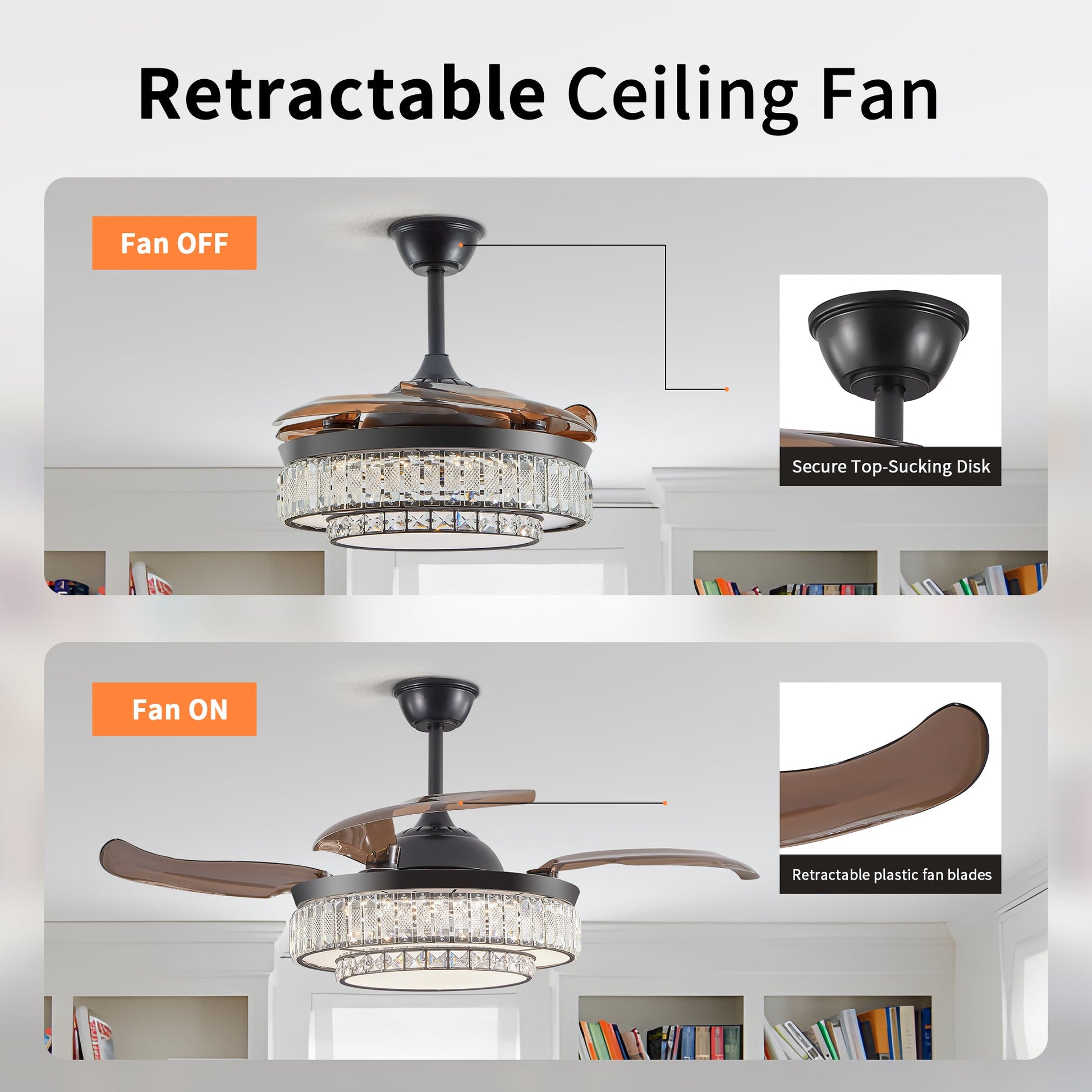 Modern LED retractable ceiling fan with lighting and remote control, silent reversible motor, 4-blade modern ceiling fan - Korvel