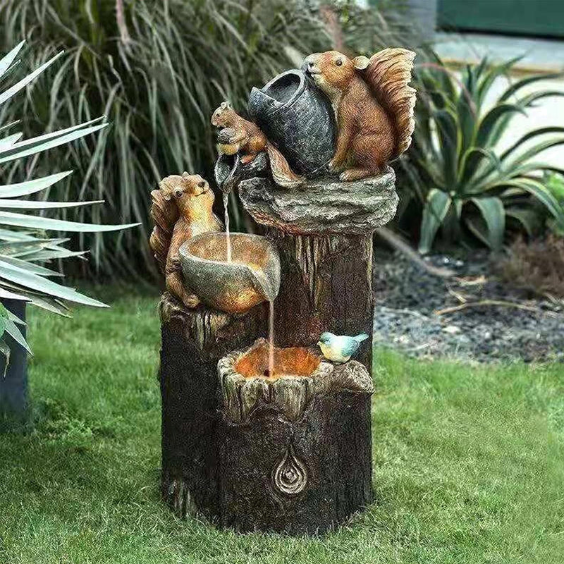 Solar resin duck garden fountain with LED squirrel design, outdoor decor (E2). - Korvel