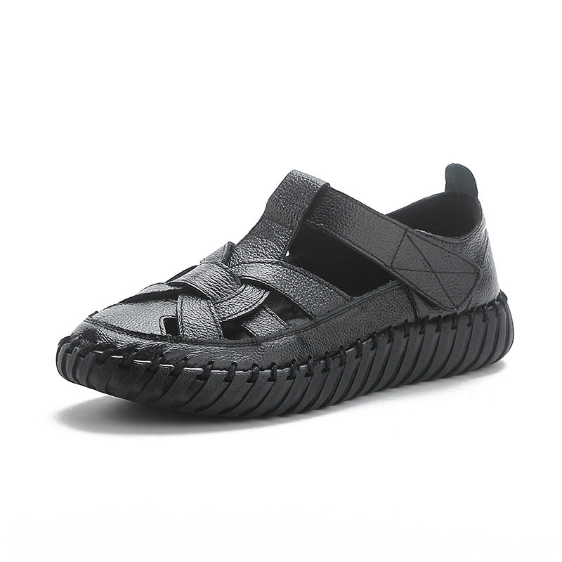 Leather perforated shoes with hollowed out toe caps for women soft soled non slip flat sandals for women - Korvel