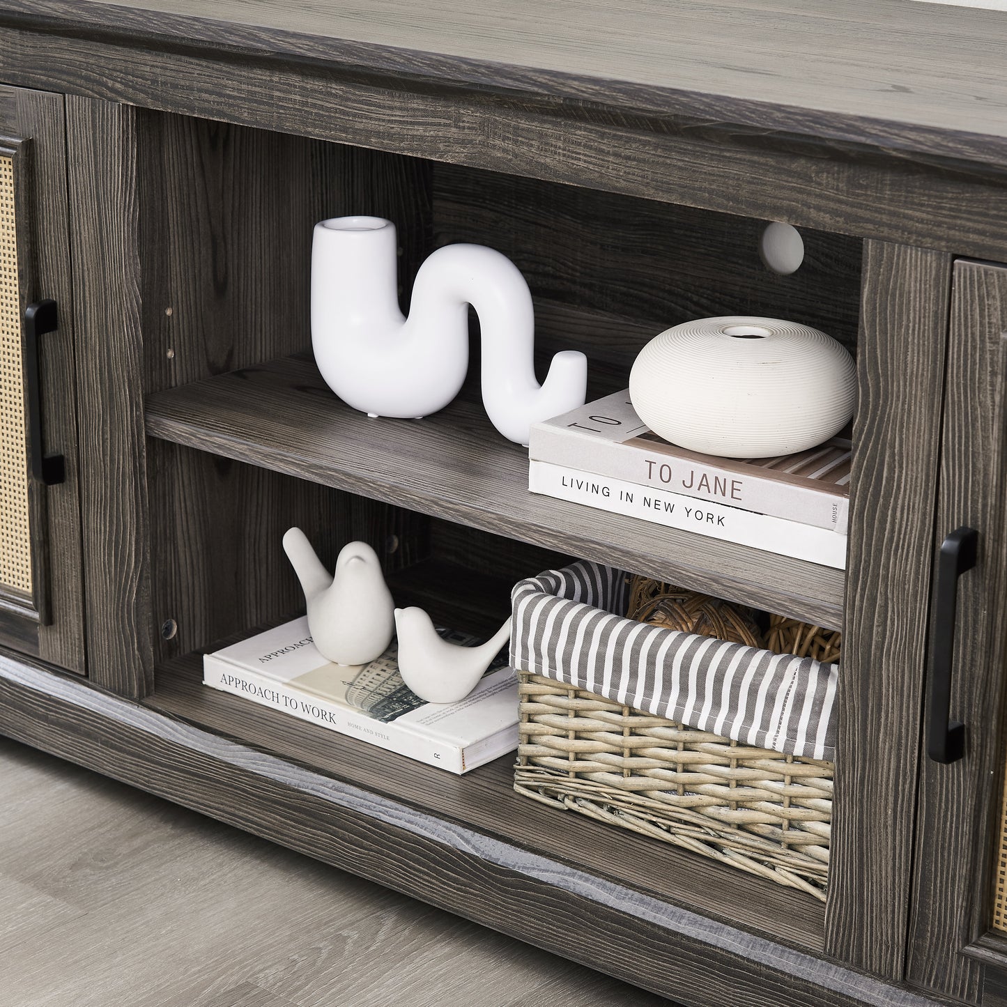 Vine TV stand console table, suitable for TVs under 70 inches, equipped with 2 storage shelves and 2 natural rattan doors, gray - Korvel