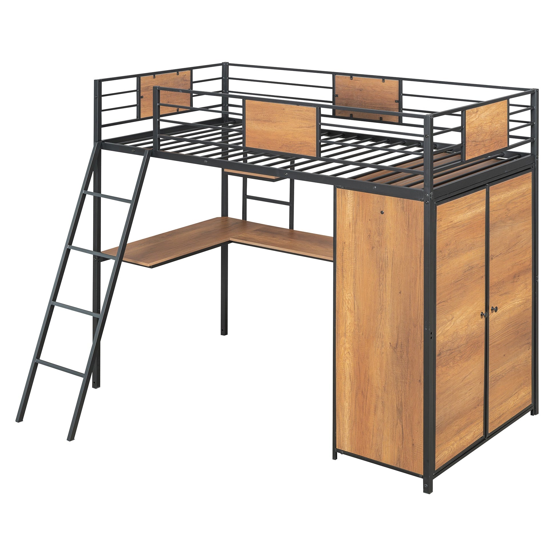 Twin Size Loft bed with L-shape Desk and Wardrobe, Black - Korvel