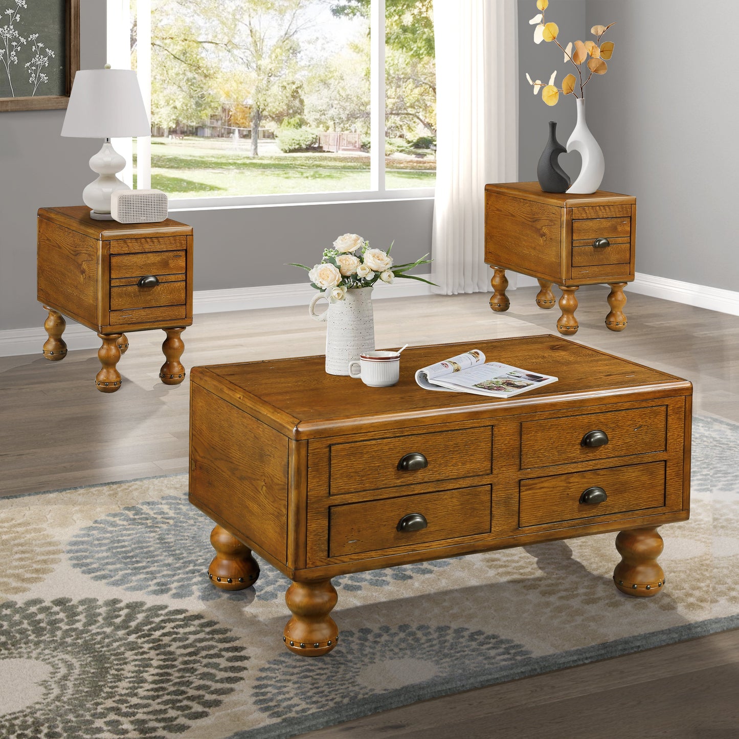 Solid wood end table, rectangular 23.6 inch narrow edge table with drawers, vintage bedside table， Antique Brown - Korvel
