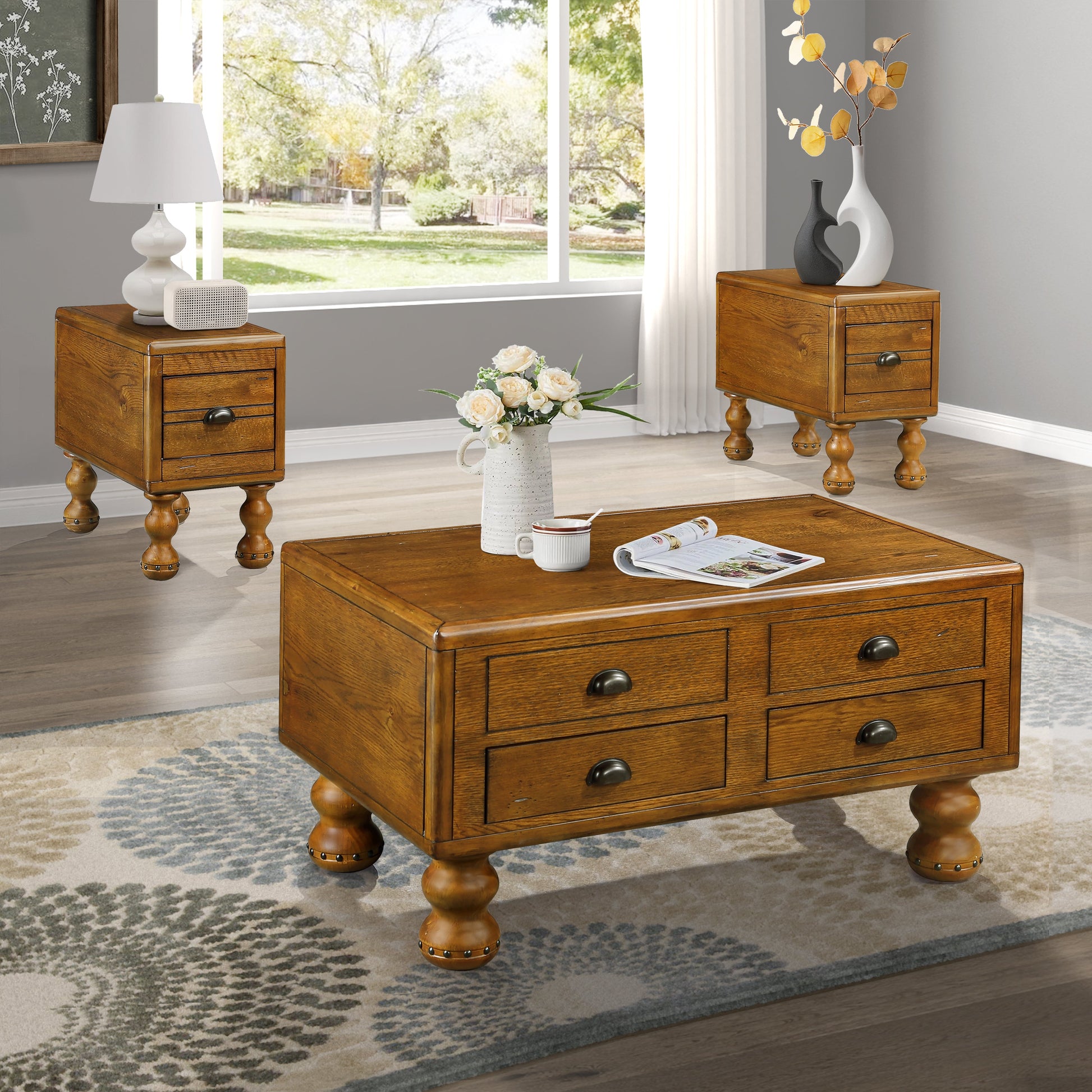Solid wood end table, rectangular 23.6 inch narrow edge table with drawers, vintage bedside table， Antique Brown - Korvel