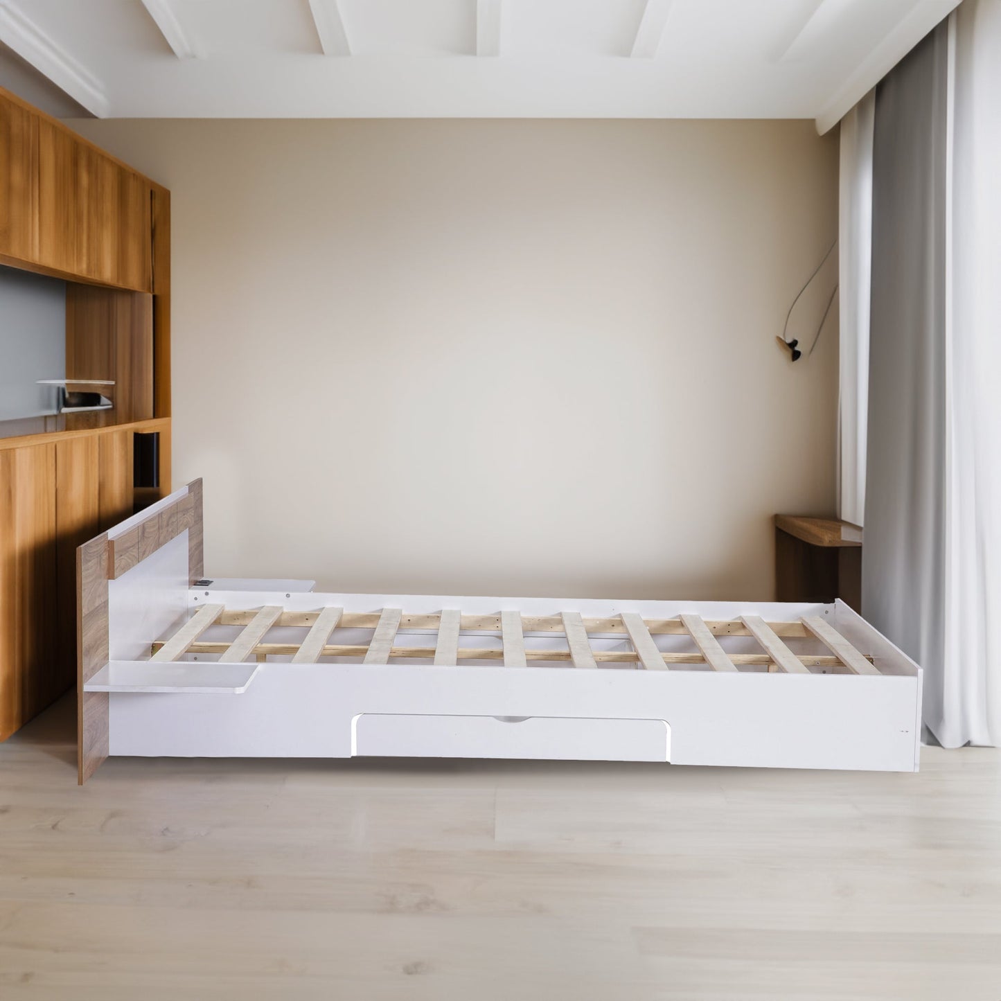 Queen Size Platform Bed with Headboard, Drawers, Shelves, USB Ports and Sockets  White - Korvel