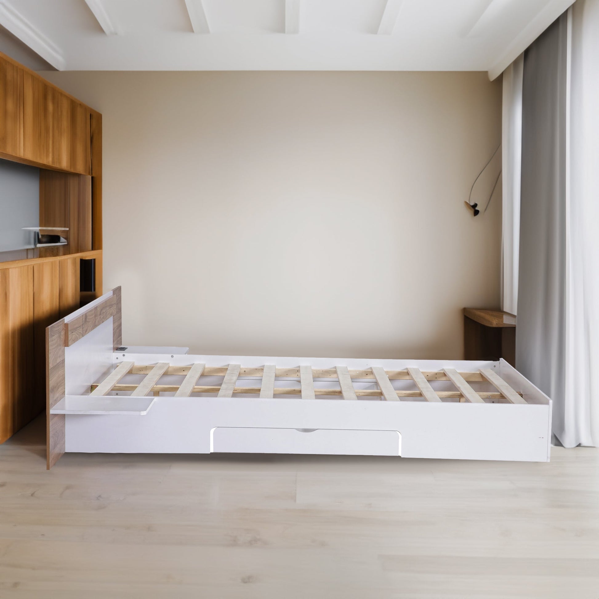 Queen Size Platform Bed with Headboard, Drawers, Shelves, USB Ports and Sockets  White - Korvel
