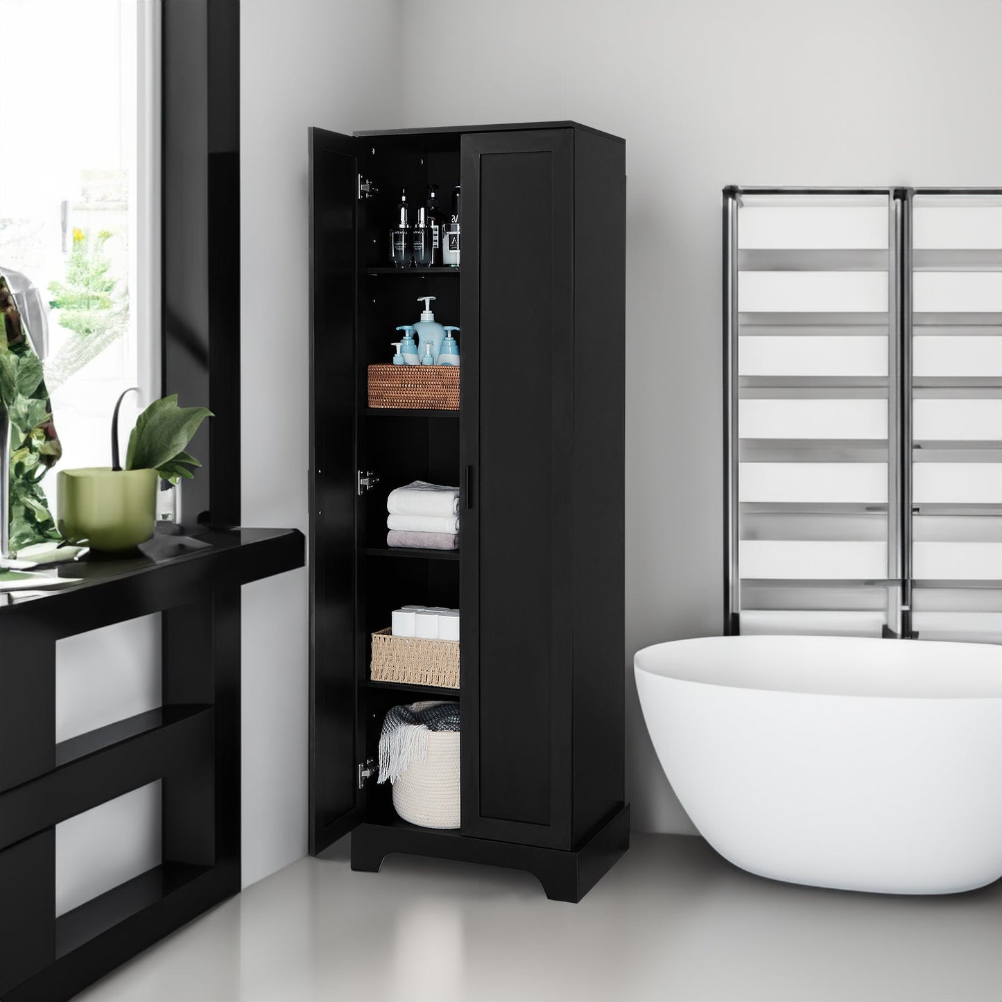 Storage Cabinet with Two Doors for Bathroom, Office, Adjustable Shelf, MDF Board, Black - Korvel