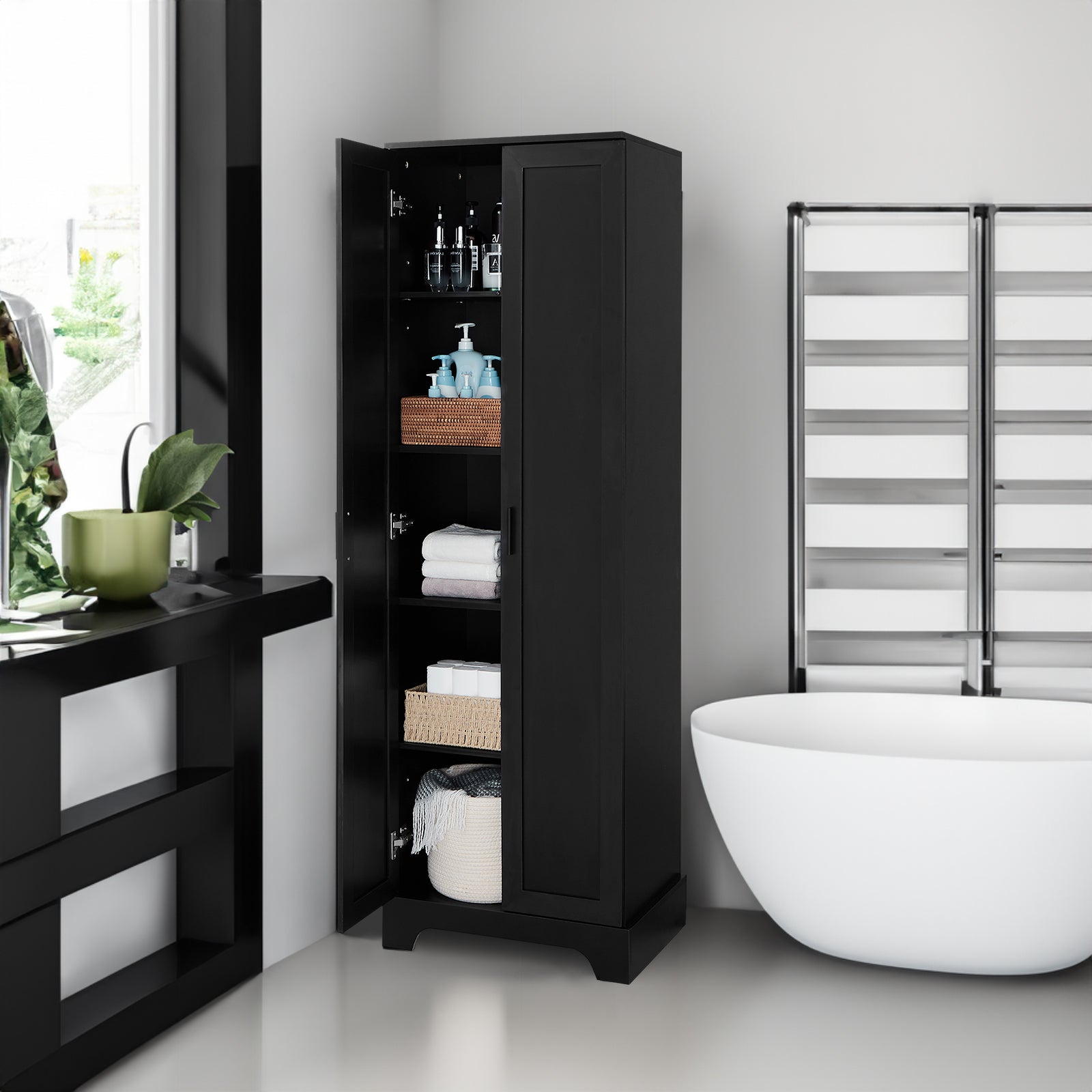 Storage Cabinet with Two Doors for Bathroom, Office, Adjustable Shelf, MDF Board, Black - Korvel