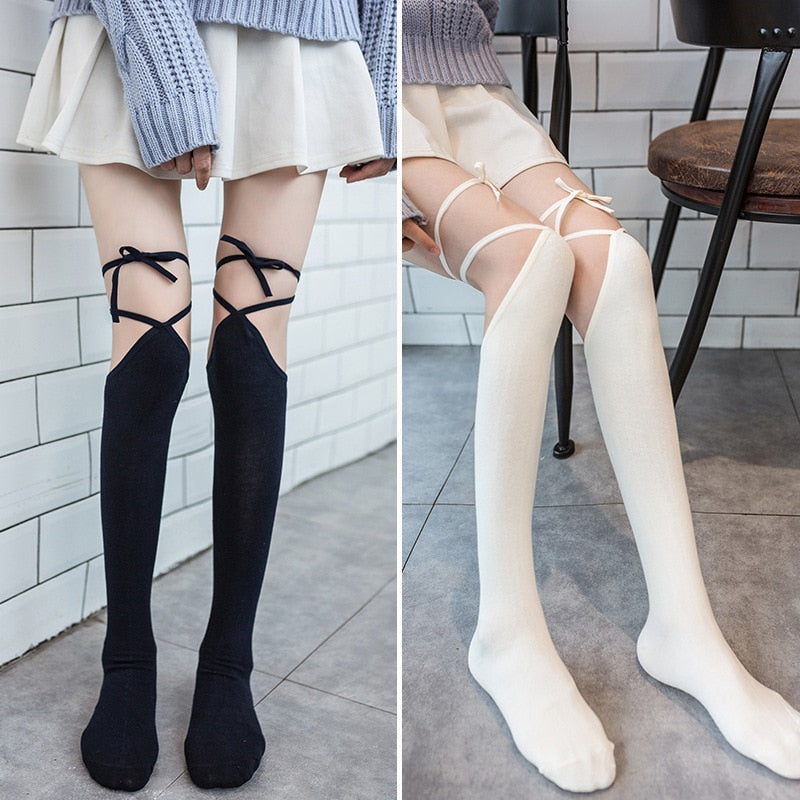 Lolita Cross-tie Over-knee Socks Sexy Long Tube Jk Uniform Calf Socks Female Japanese Middle and High Tube Stockings Cute Woman - Korvel
