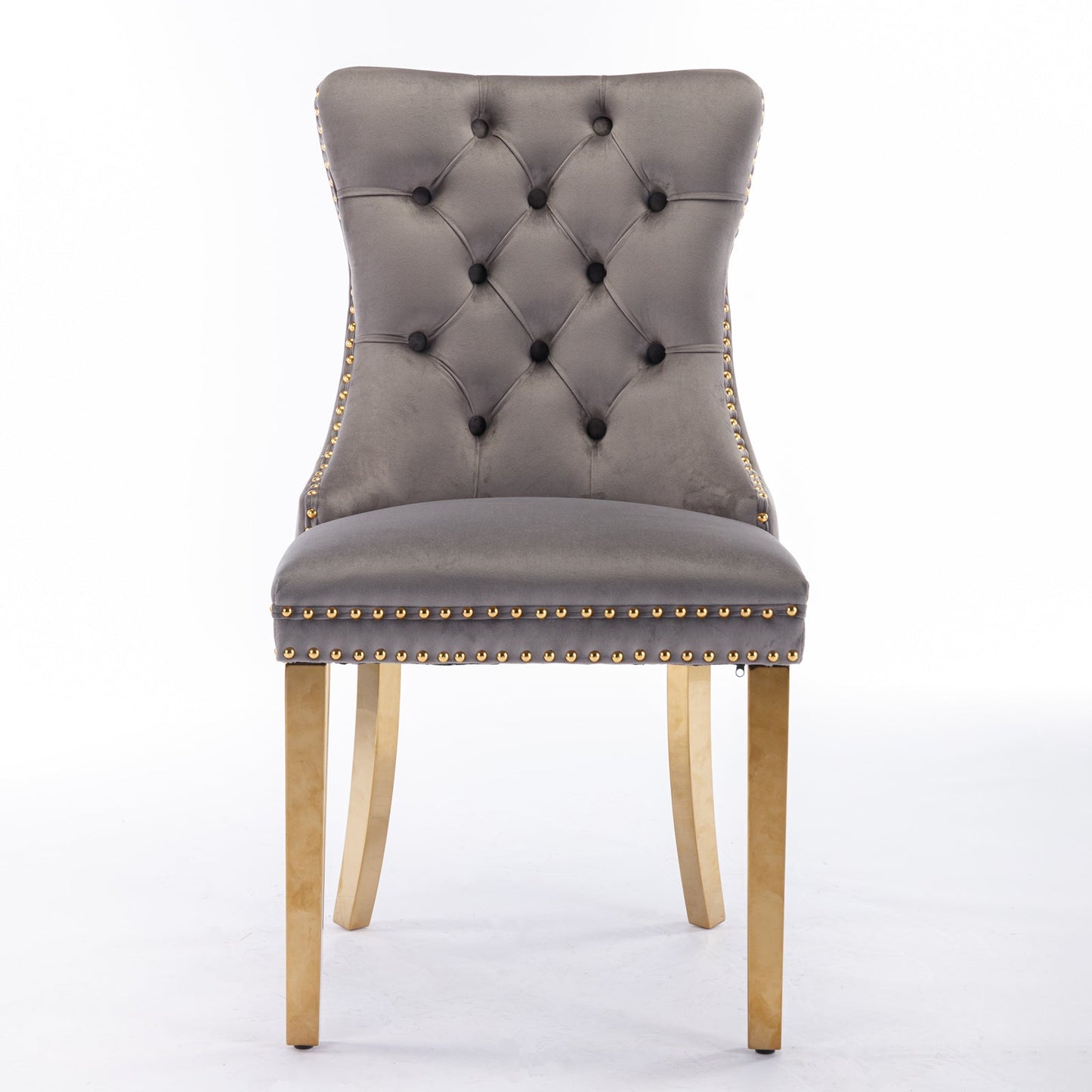 Tufted solid wood velvet cushioned dining chair, gold-plated stainless steel nail leg heads, 2 pieces in gray and gold - Korvel