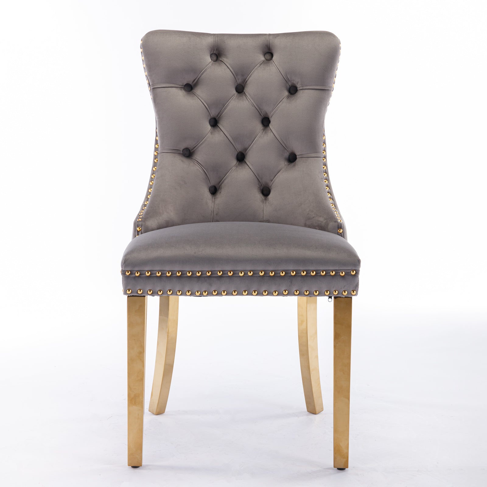 Tufted solid wood velvet cushioned dining chair, gold-plated stainless steel nail leg heads, 2 pieces in gray and gold - Korvel