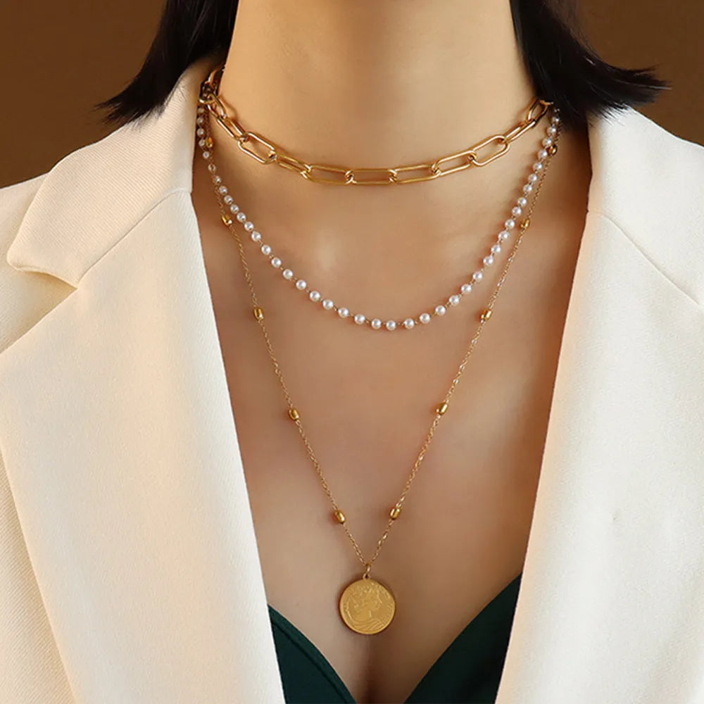 Synthetic Pearl Titanium Steel Three-Layered Necklace - Korvel