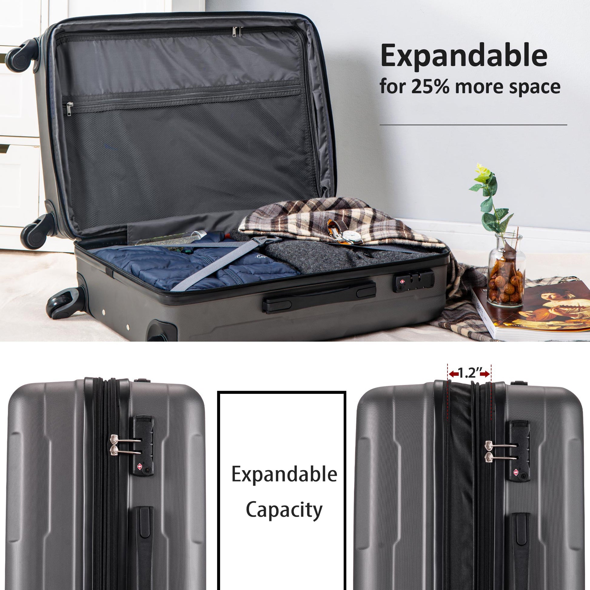 Expanable Spinner Wheel 2 Piece Luggage Set ABS Lightweight Suitcase with TSA Lock 20inch+24inch Dark Gray + Plastic - Korvel