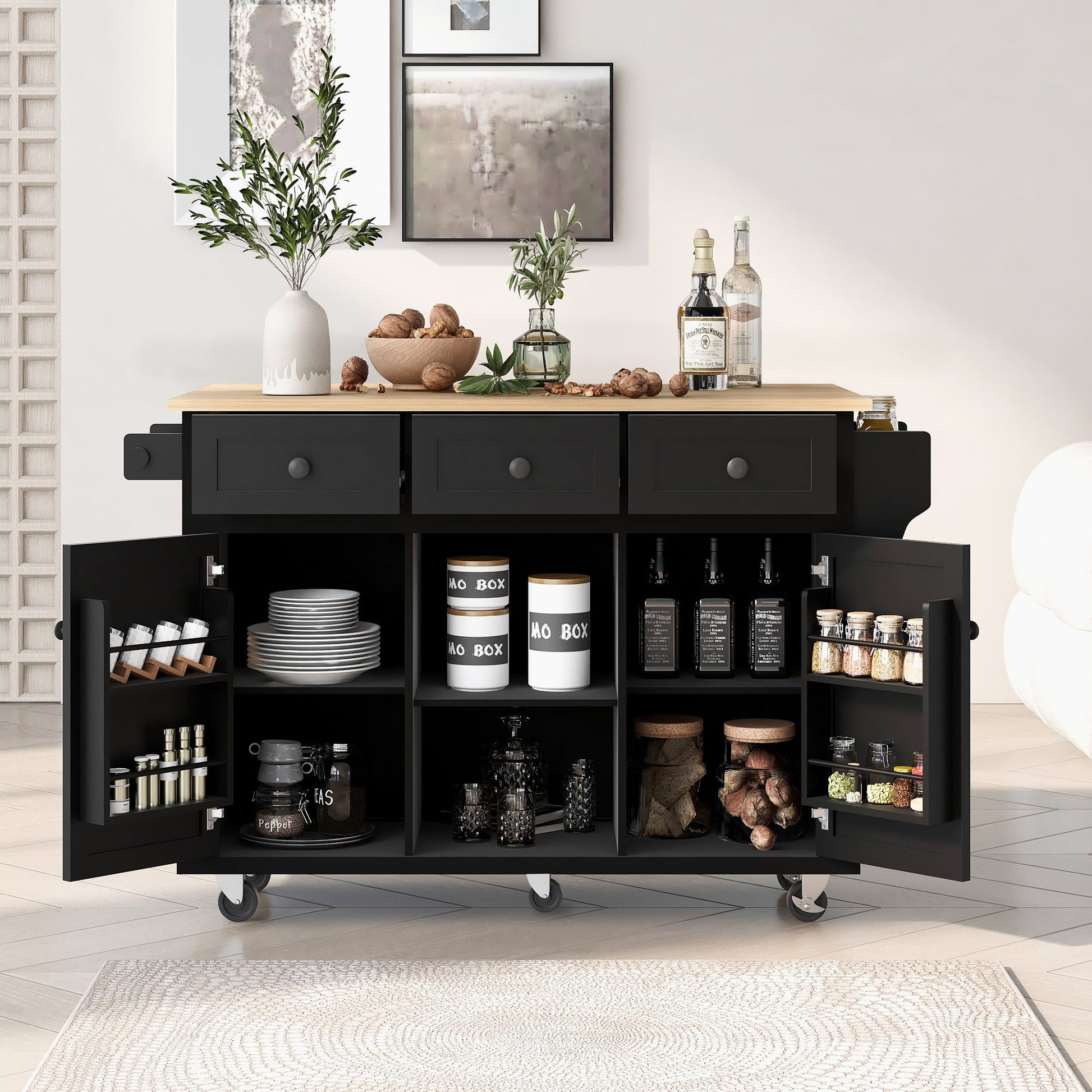 Kitchen trolley with rubber wood leaf countertop, 5-wheel kitchen island, storage cabinet and 3 dining drawers, black - Korvel