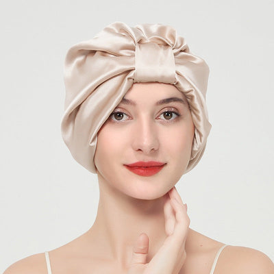 Double layer elastic simulation silk beauty makeup satin knotted hair care home French nightcap - Korvel