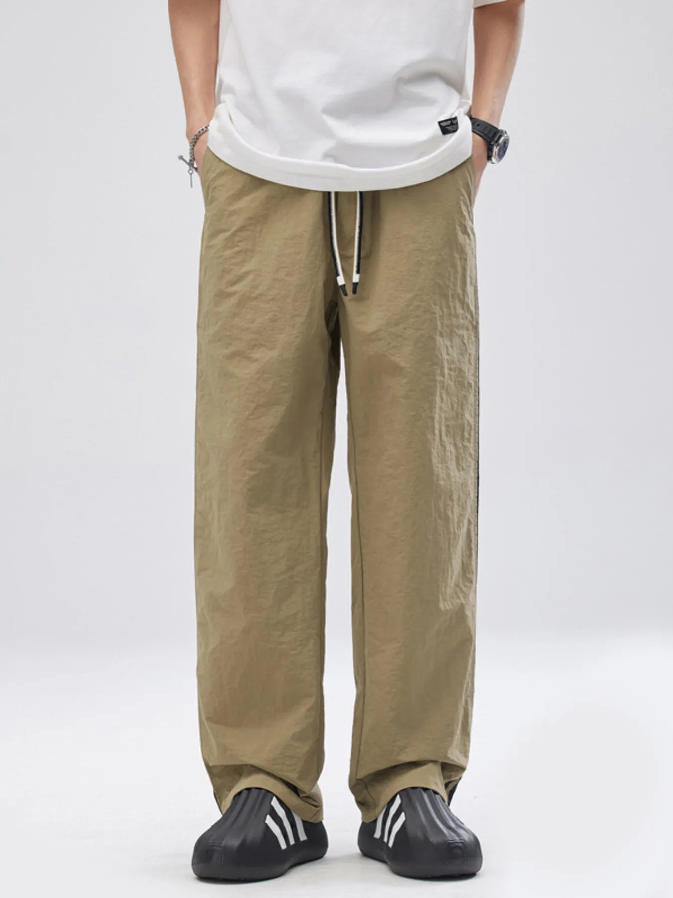Men's Plus Size Drawstring Wide Leg Pants with Side Stripes