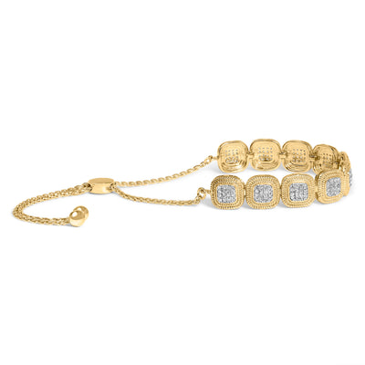 Pulsera Bolo Ajustable de Plata Esterlina Baño de Oro de 14k con Diamantes