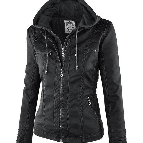 Women's Detachable Lapel Long Sleeve Solid Color Zipper Leather Jacket Coat - Korvel