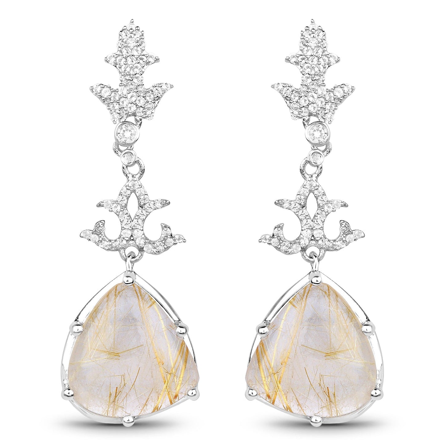 Boucles d'oreilles en argent sterling avec rutile doré de 15,97 carats et topaze blanche