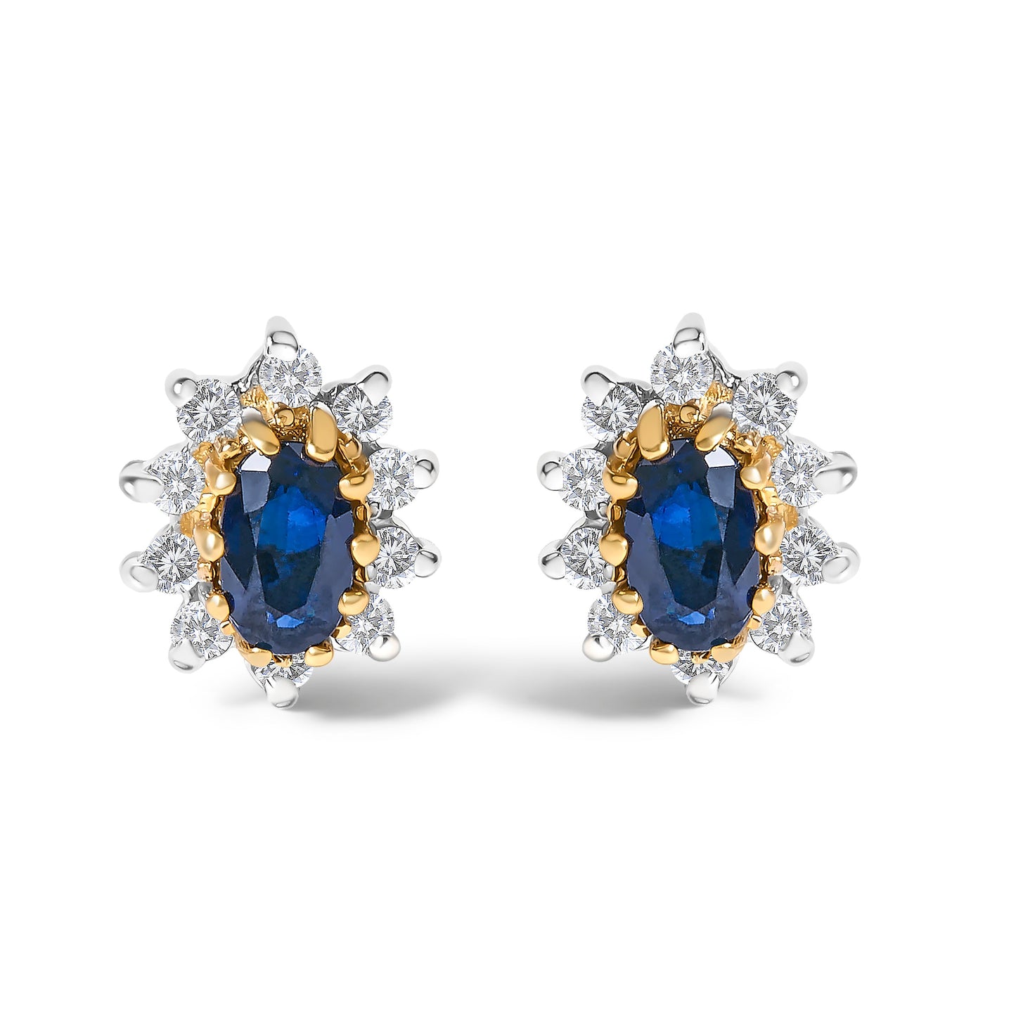 Boucles d'oreilles en or jaune 14K avec diamants et saphirs bleus en halo soleil