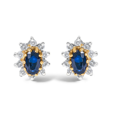 14K Yellow Gold Diamond and Blue Sapphire Sunburst Halo Stud Earrings