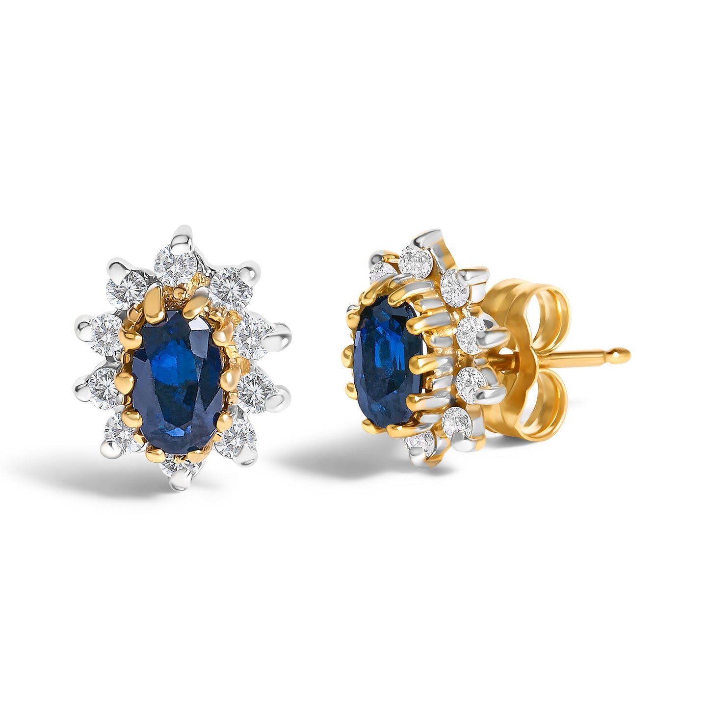 Boucles d'oreilles en or jaune 14K avec diamants et saphirs bleus en halo soleil