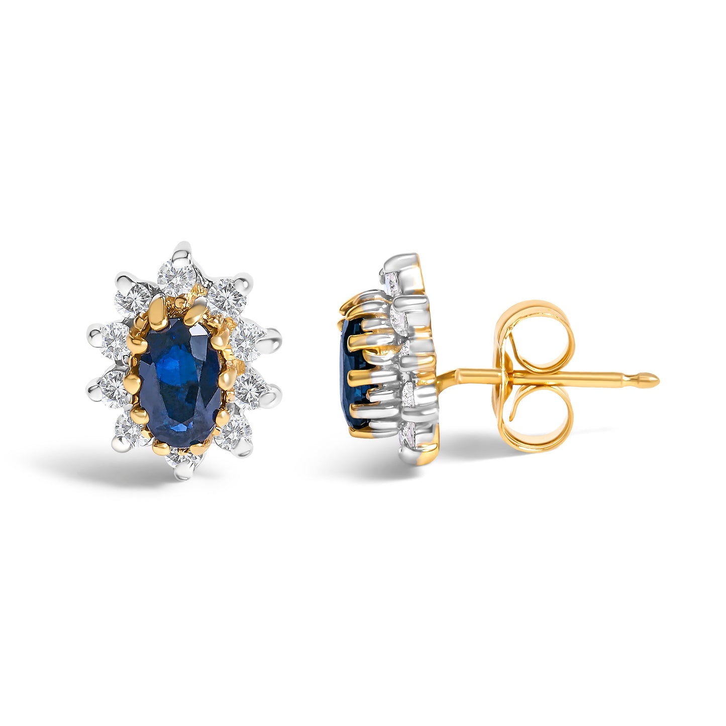 Boucles d'oreilles en or jaune 14K avec diamants et saphirs bleus en halo soleil