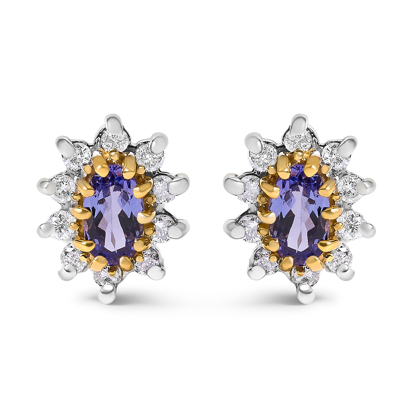 Pendientes de Stud de Diamante y Tanzanita en Oro Amarillo de 14K con Halo en Forma de Sol