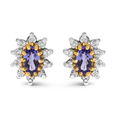 14K Yellow Gold Diamond & Tanzanite Sunburst Halo Stud Earrings
